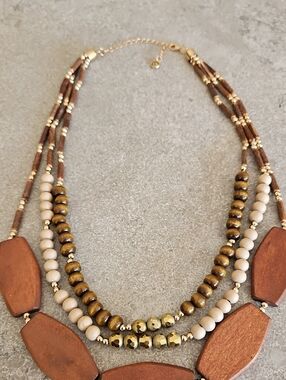 Layered Wooden & Bead Necklace - Brown and Gold